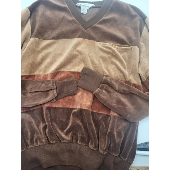 VTG OLEG CASSINI SZ LG Colorblock Brown Velour Pullover Top V Neck y2k 90s - Picture 6 of 7
